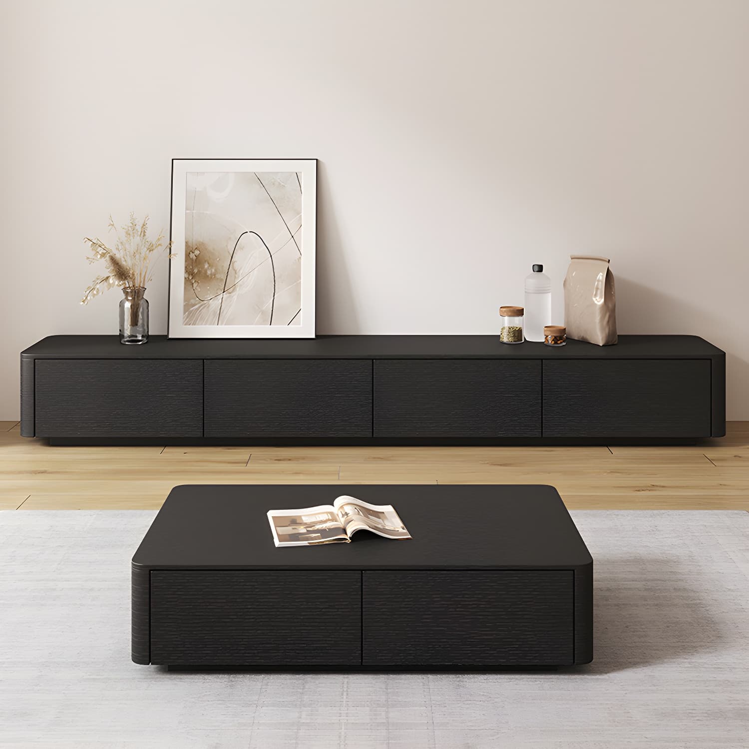 Modern Black TV Console Engineered Wood Cable Management Media Console - image 3