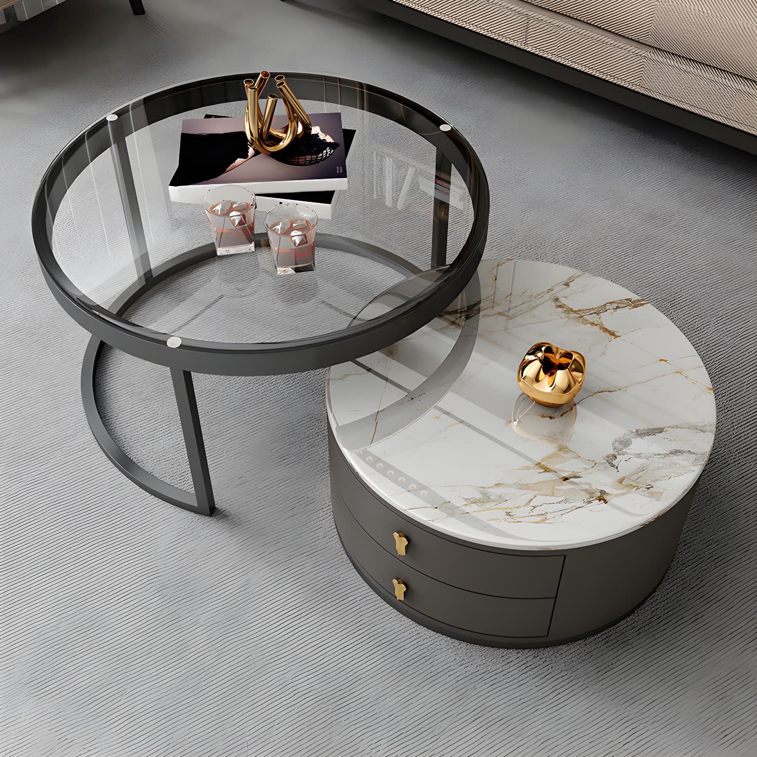 Modern Coffee Cocktail Table Round Nesting Coffee Table Set with Drawer - image 8