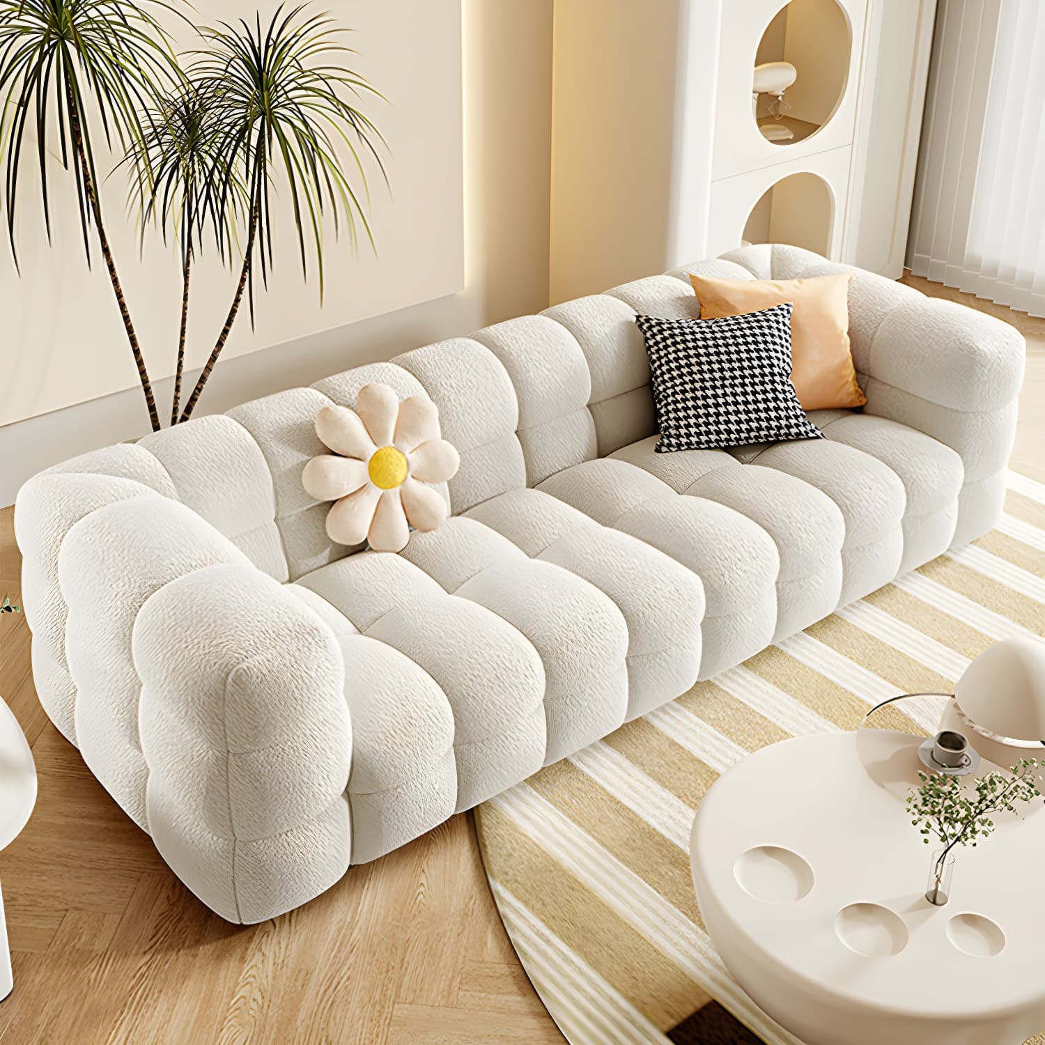 Beige Polar Fleece Upholstered Scandinavian Wood Sectional for Cozy Home Decor