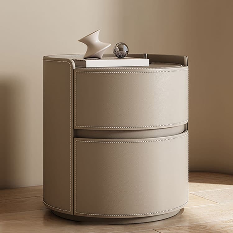 Chic Modern Round Nightstand with Light Wood Tone Faux Leather and Numerate Two Drawer Storage - image 13