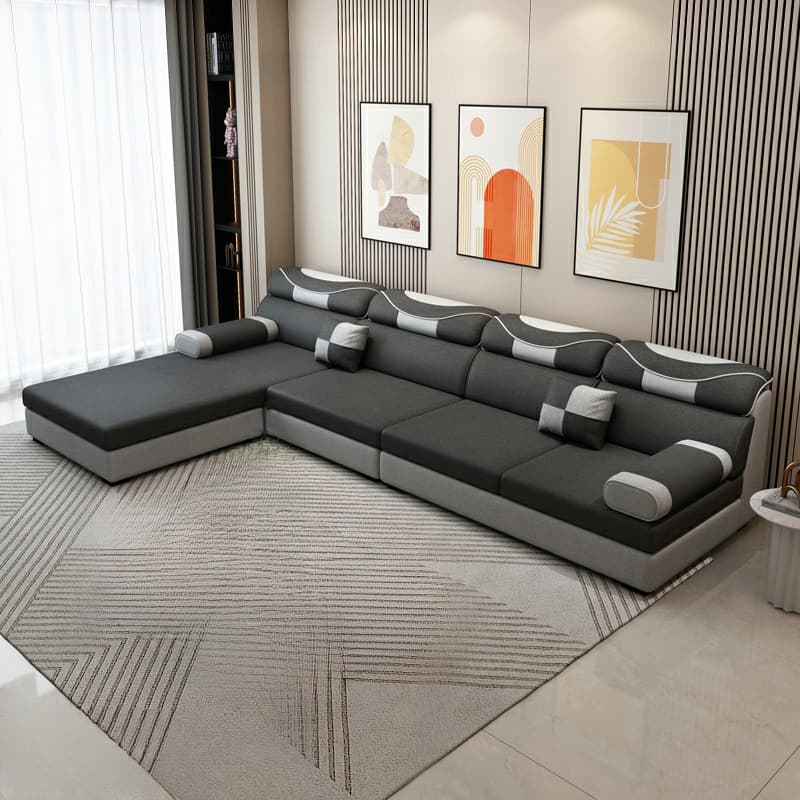 Large L-Shape Sponge-Filled Black Wood Pillow Top Arm Sofa Chaise with Partial Assembly - image 7