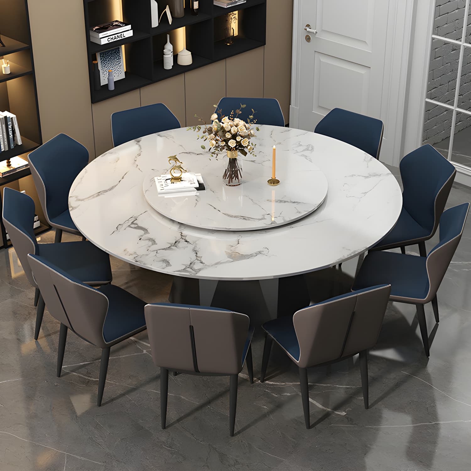 Round White Marble Modern Dining Table with Black Steel Pedestal Base and Convenient Lazy Susan - image 3