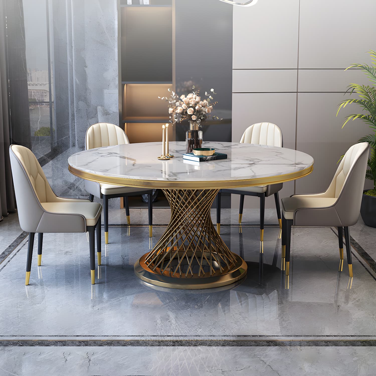 Glam Round Marble Dining Set with Gold Metal Pedestal Base - Fixed Table in White - image 4