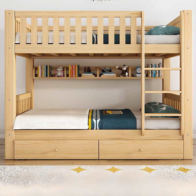 Timber Wood Color Bunk Bed with 2 Storage Boxes, Safety Guardrail & Compartment Bedroom
