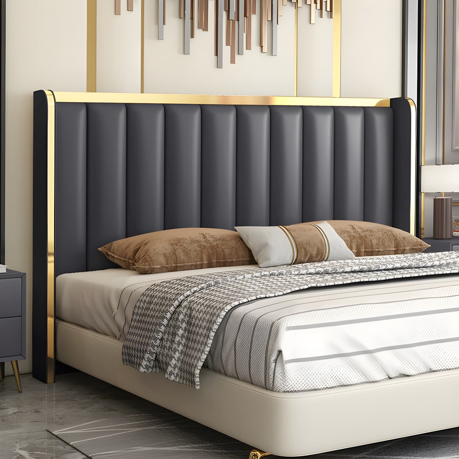 Modern Upholstered Leather Wingback Headboard with Wood Legs and Rectangular Shape