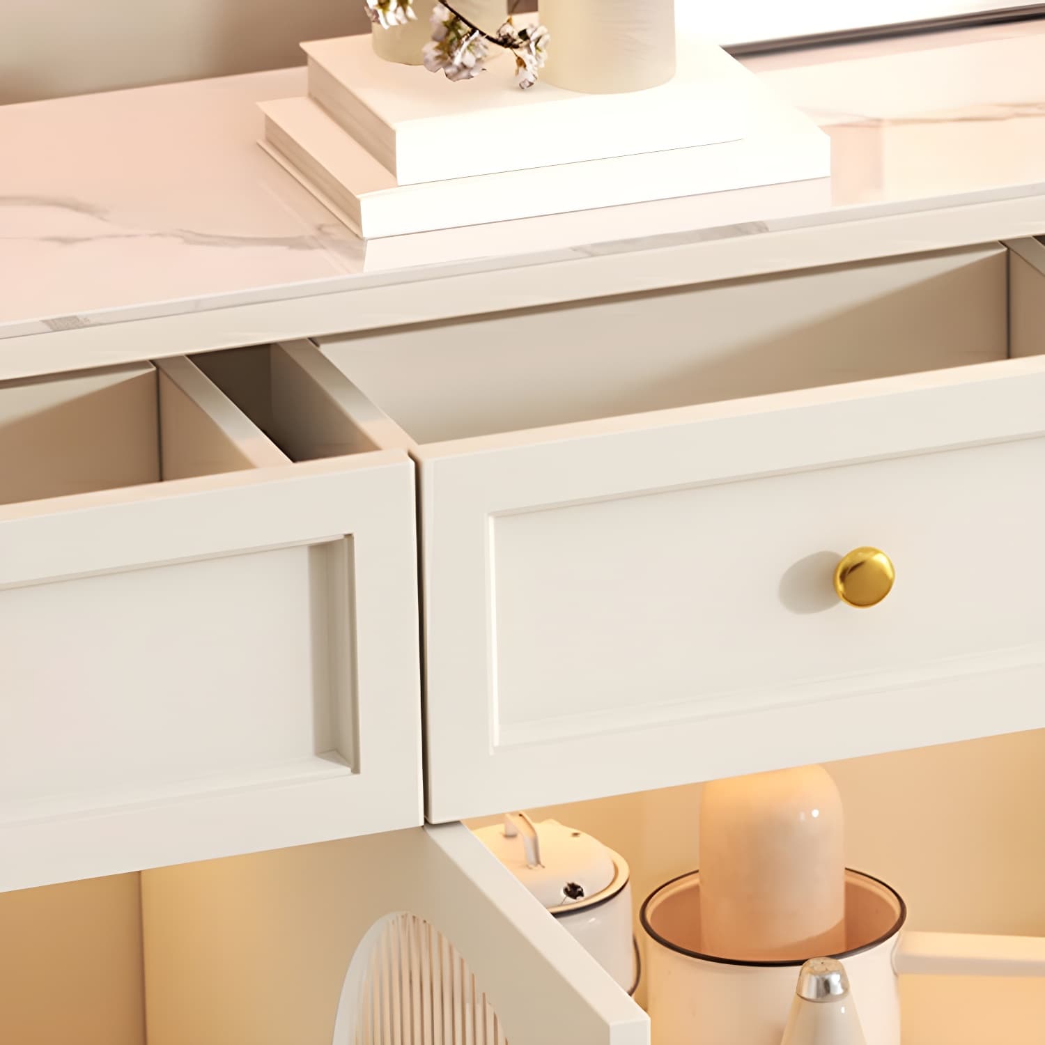 Scandinavian Wood Sideboard with Stone Countertop and Glass Doors - image 11