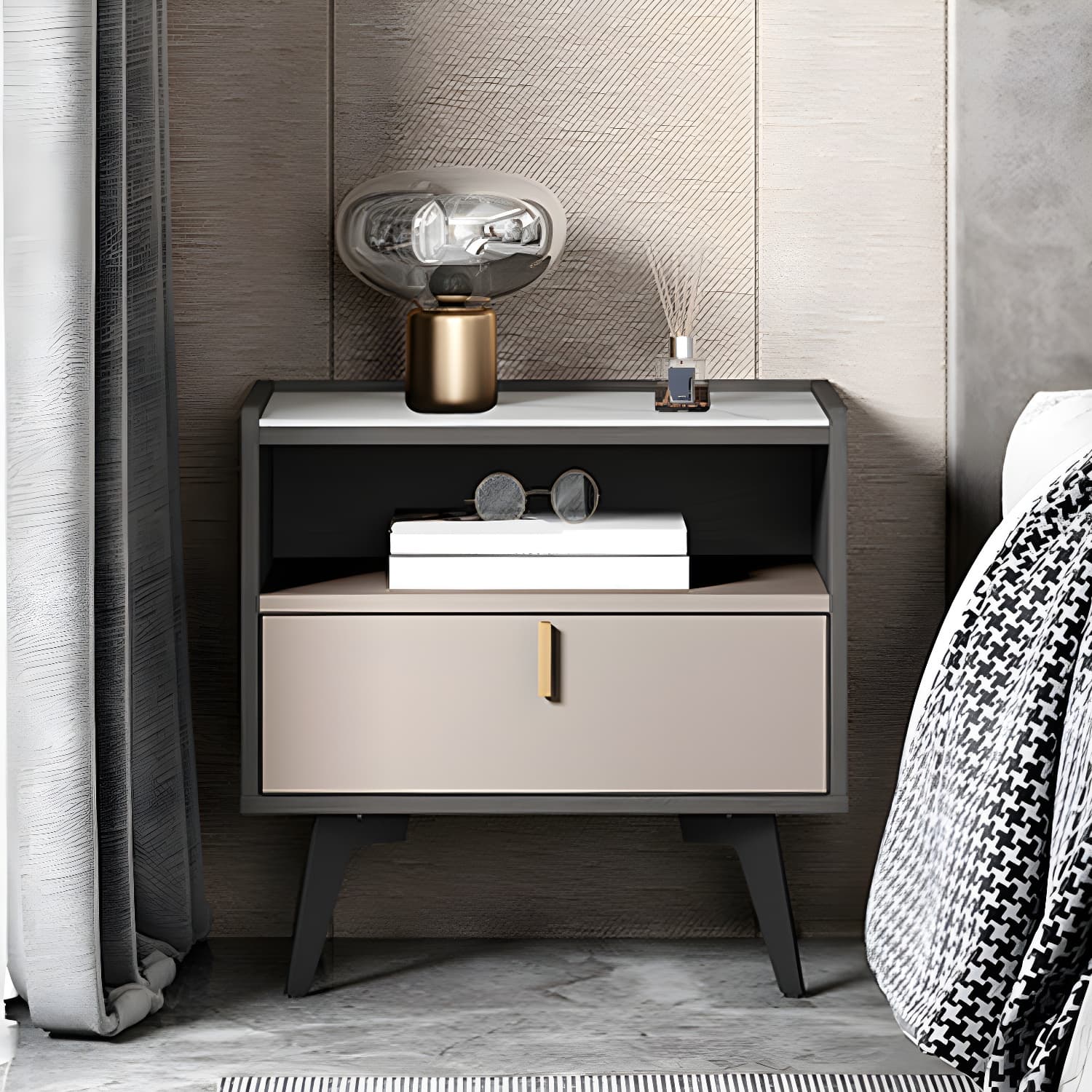 Stone Top Nightstand Modern Open Stoarge Drawer Legs Included Bed Nightstand - image 5