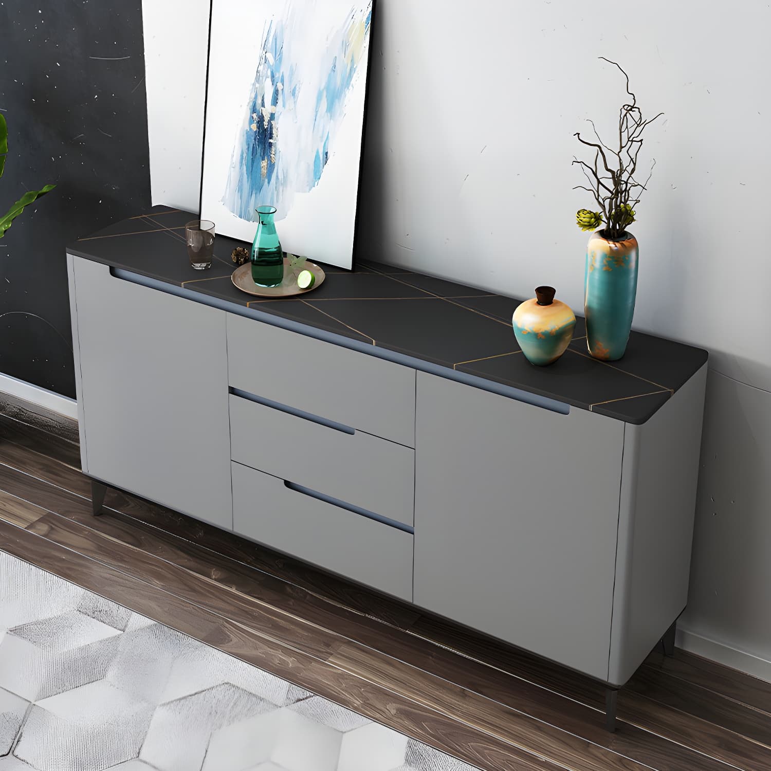Modern Antique Finish Credenza 3 Drawer Sintered Stone Sideboard Cabinet