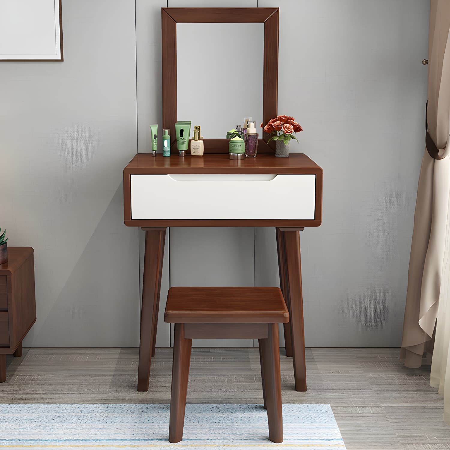 Contemporary Solid Wood Makeup Table Vanity Stool with Drawers - image 4