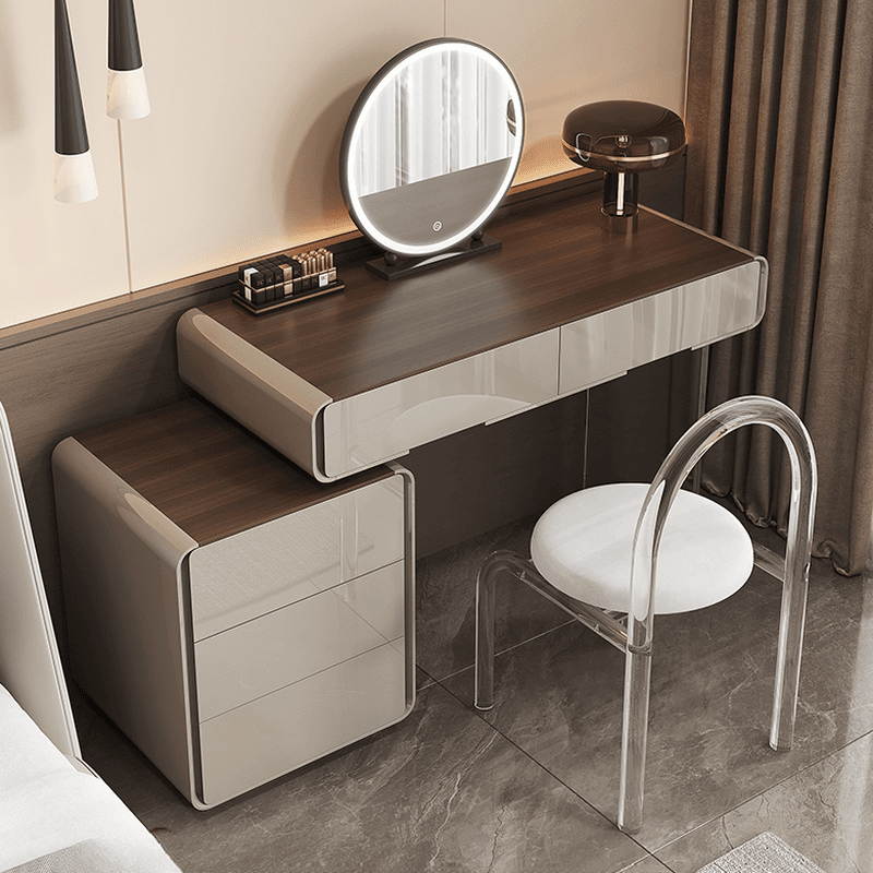 Modish Large/Standard Vanity Set in Gray with 5/8 Drawers, Polymer Frame, Mirror Lights, and Chair