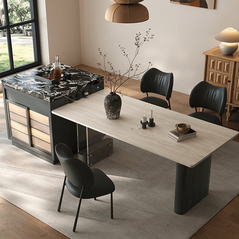 Dining Table Set with Rectangular Slate Stone Top and Two-sided Pedestal, Featuring Padded Chair with Back, 5-piece in Ivory