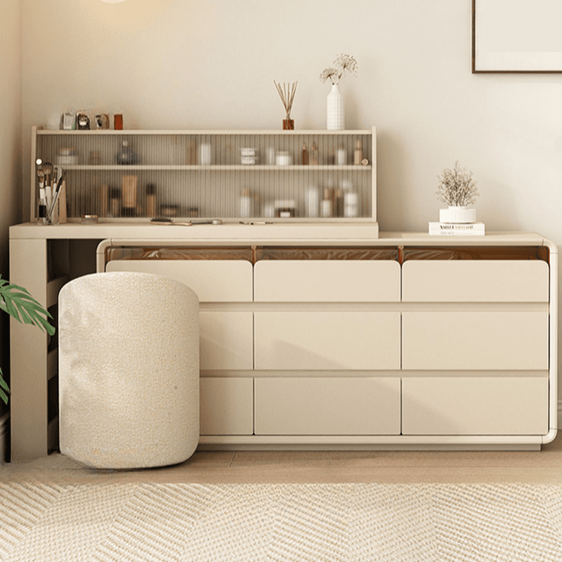 Simplistic Large Vanity Set with Lumber Table Top, White Seat, and Scalable Design Featuring 6/3/9 Drawers