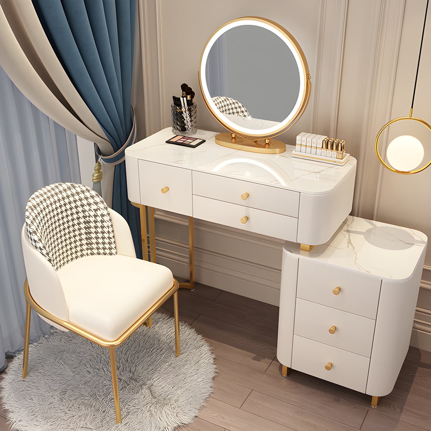 Solid Wood Makeup Vanity Desk Storage Dressing Table Stool Set with Drawer - image 4