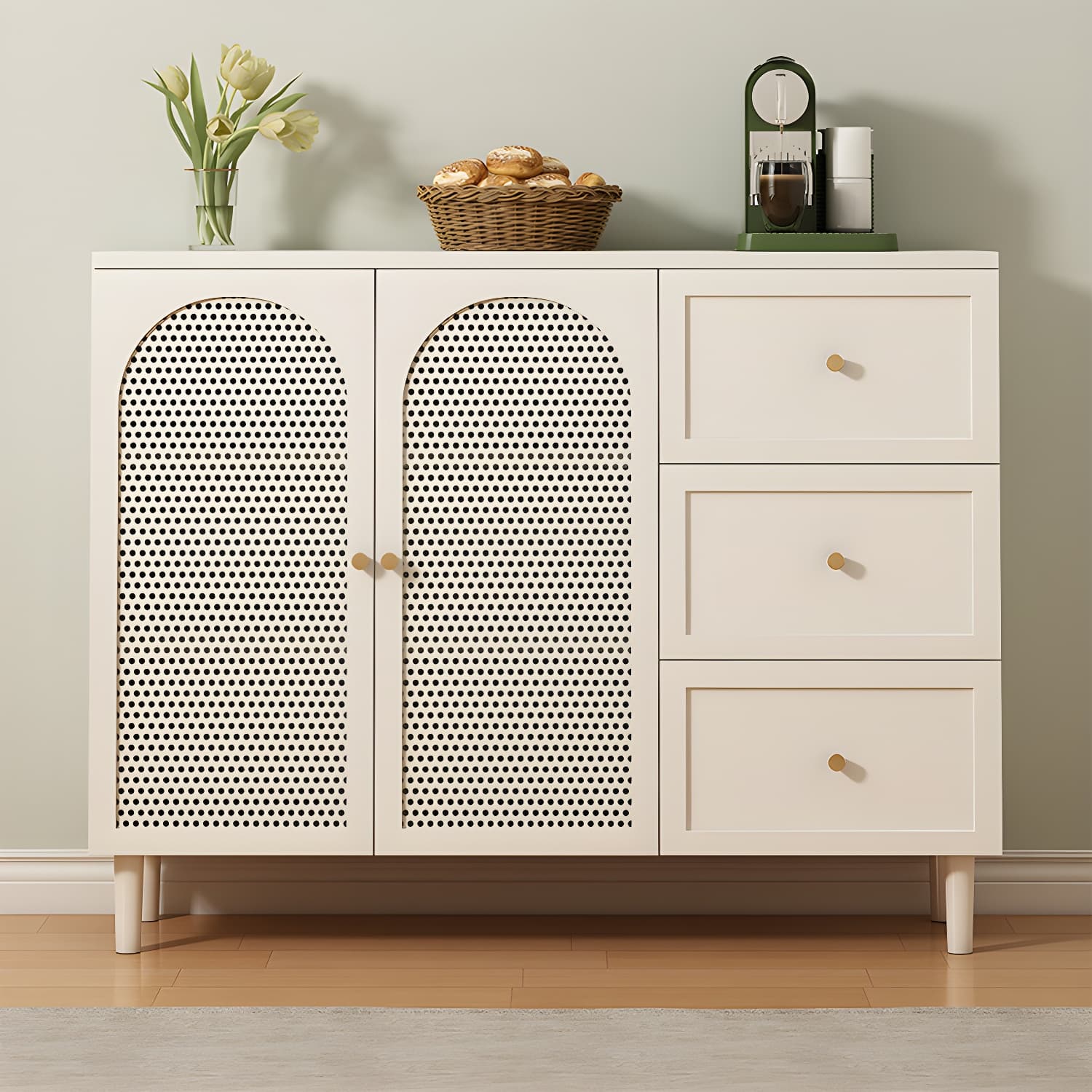 White Modern Sideboard Credenza with Cabinets and Shelves for Storage and Display