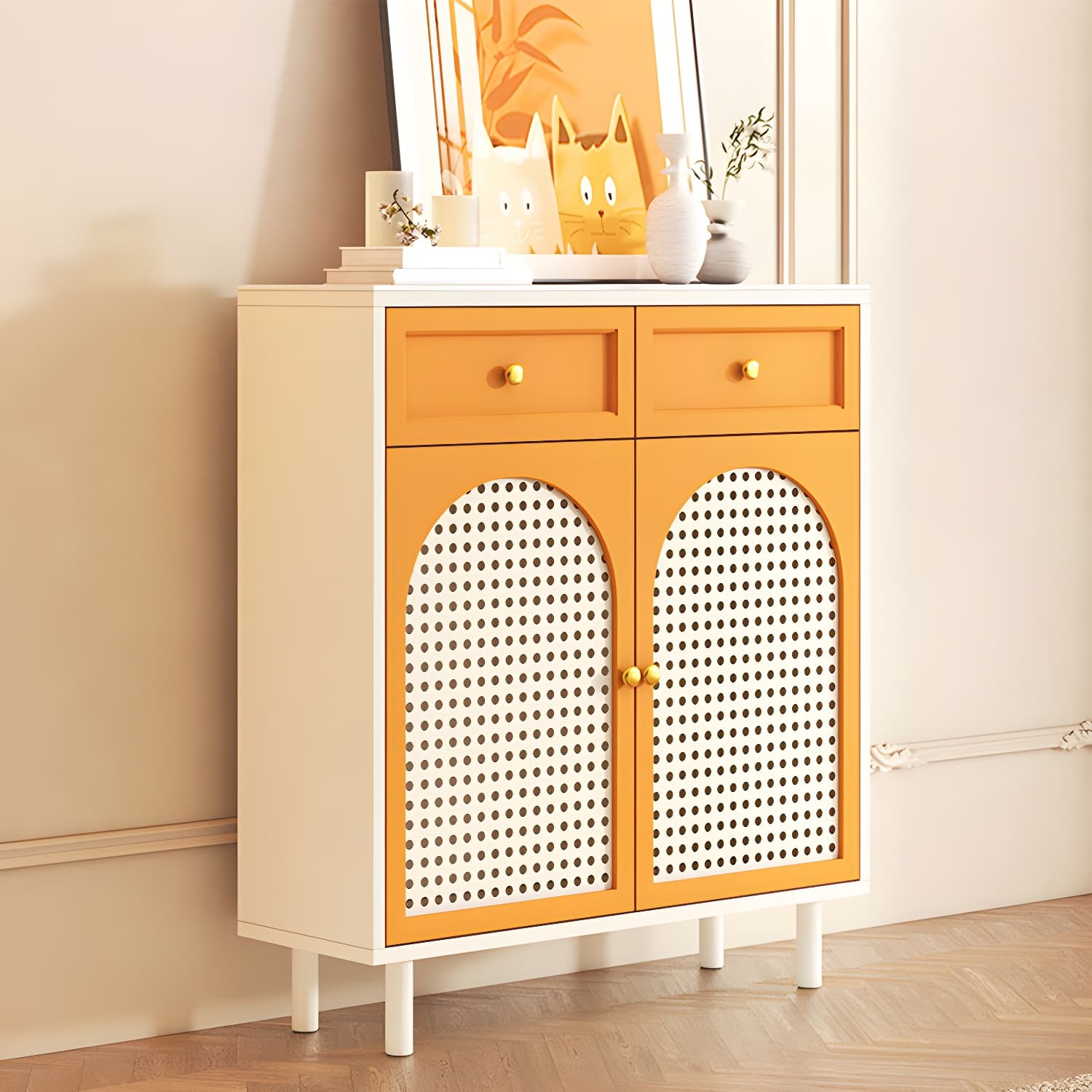 Scandinavian Wood Buffet with Countertop, Drawers, and Cabinets