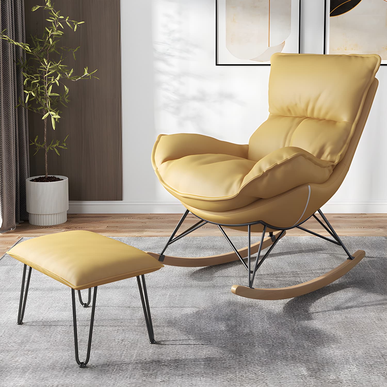 Contemporary Rocking Chair Faux Leather Water Resistant Plain Rocker Chair with Ottoman - image 5