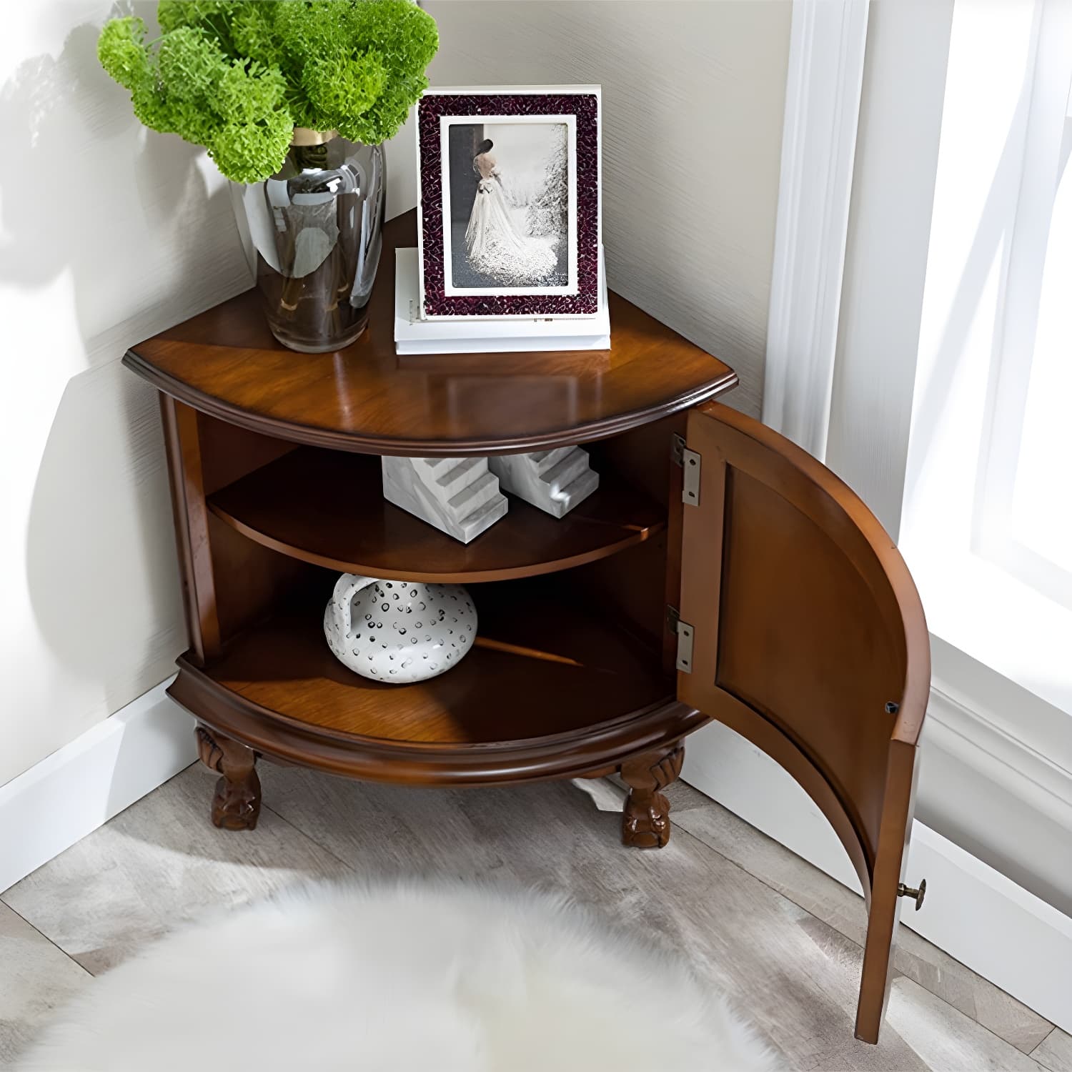 Mid-Century Modern Corner Accent Cabinet with Brown Wood Counter Top and Distressed Metal Base