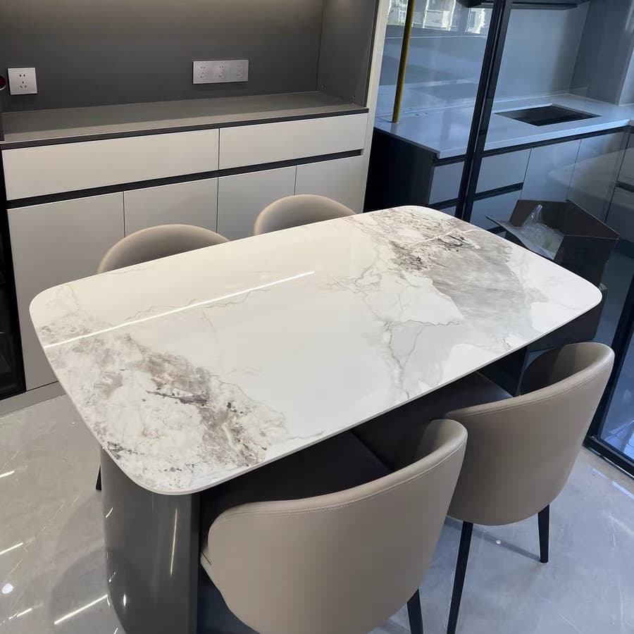 Retro Slate Dining Table Set with Dual-base, Upholstered Chairs, Back, and White Top