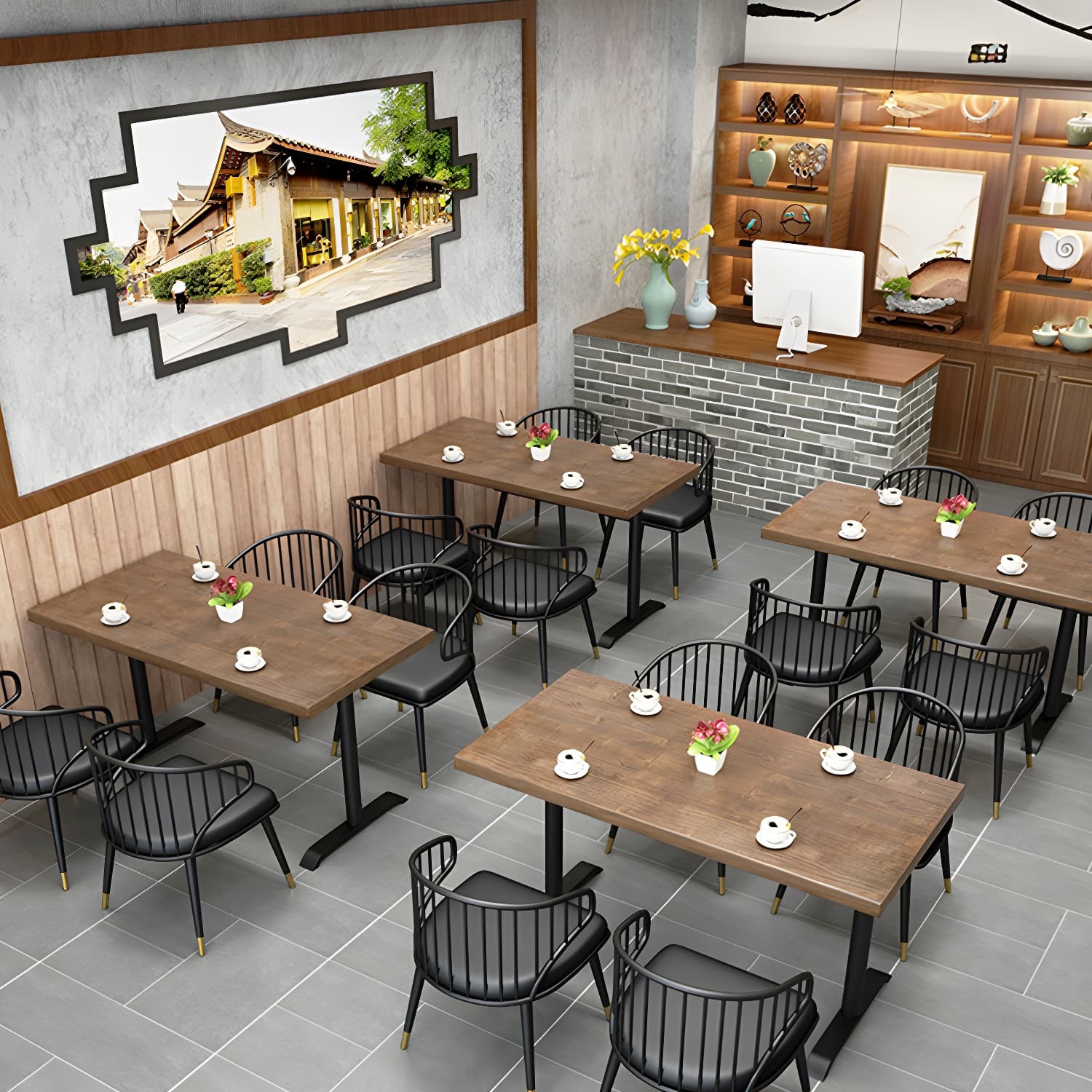 Solid Wood Dining Table Industrial Square Dining Table with Metal Base - image 9