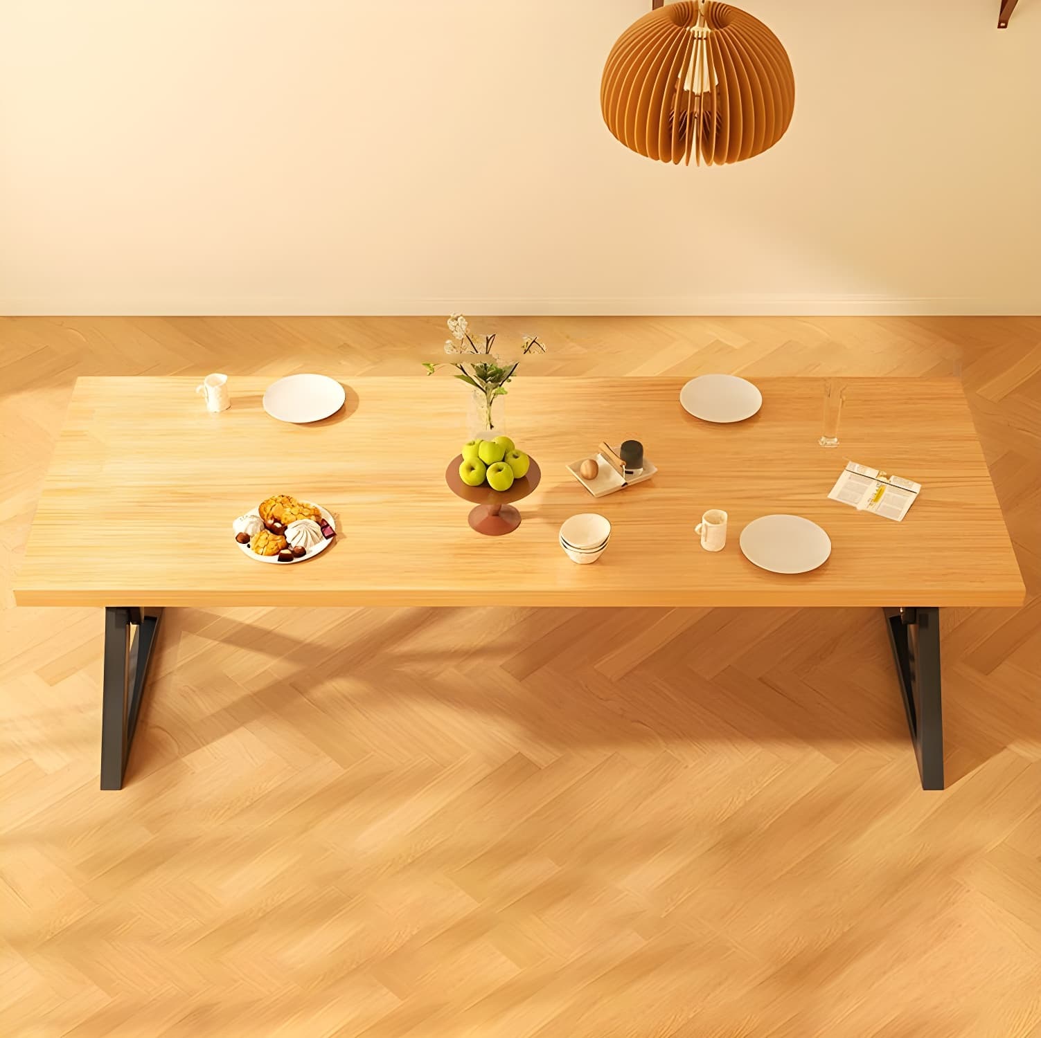 Brown Wood Rectangle Modern Dining Table with Double Black Metal Pedestal Base - image 4