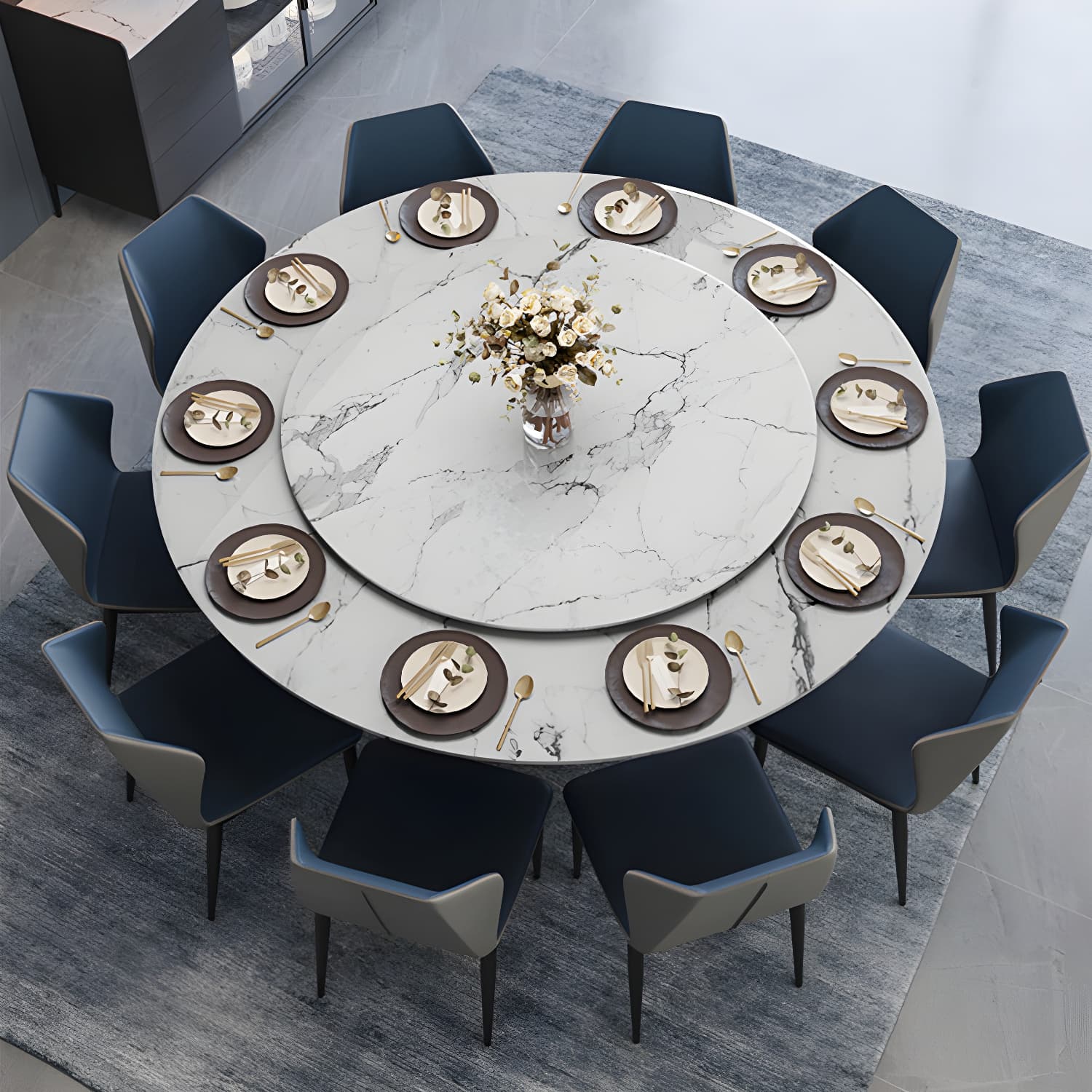 Contemporary Stone Round Dining Set 1/4/7/11 Pieces Turntable Dining Furniture for Home