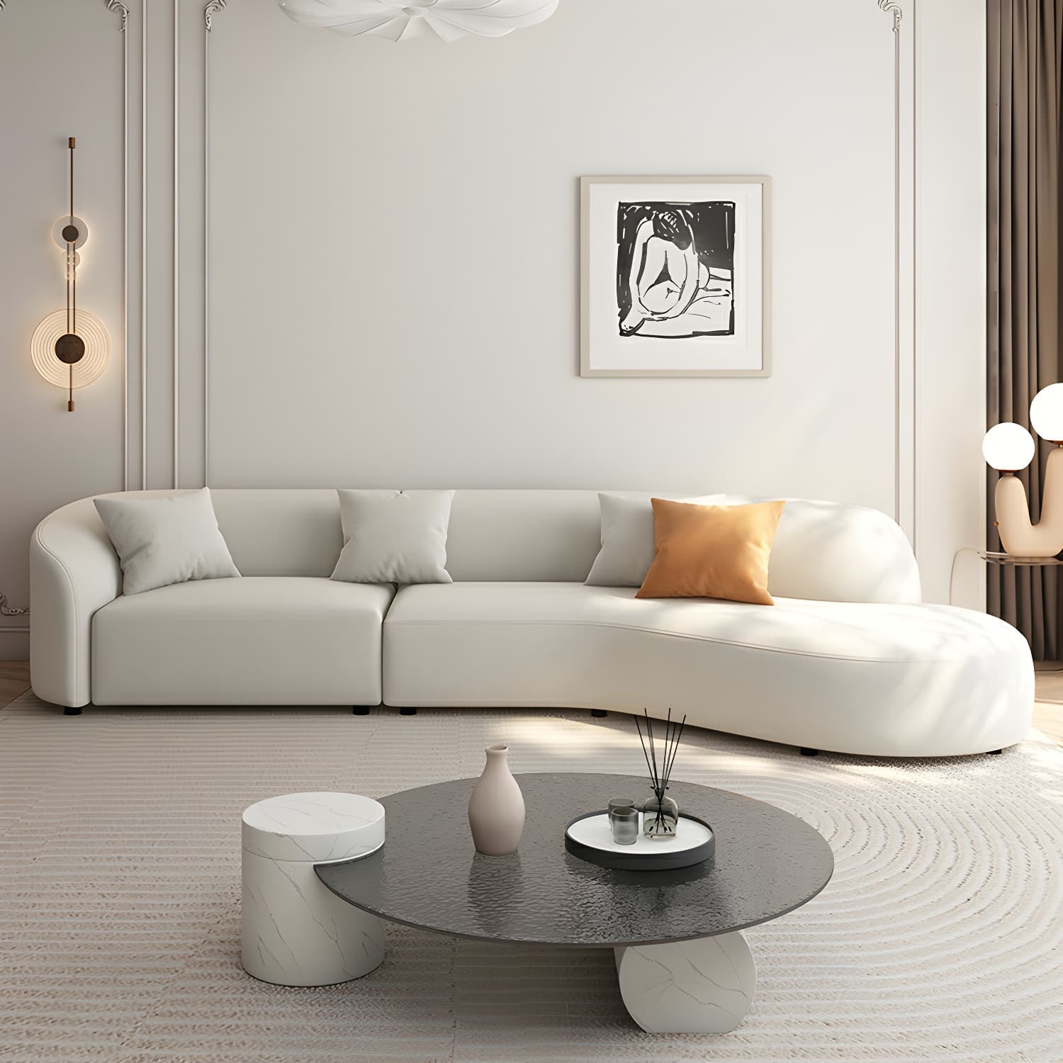 Modern Beige Tech Cloth Stationary Sectional Sofa with Wood Frame and Flared Arms - image 4