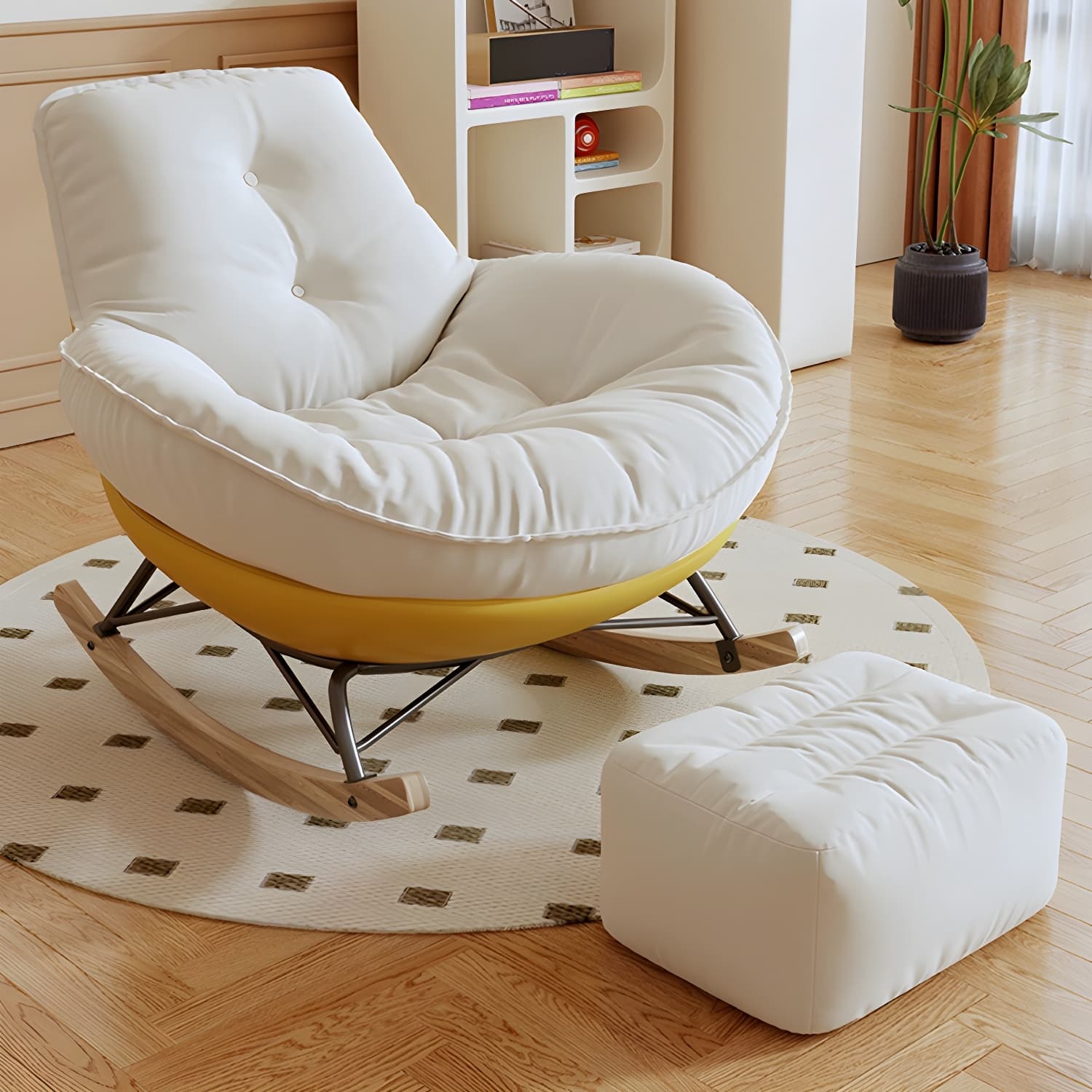Indoor Contemporary Rocking Chair with Beige Upholstered and Wood Legs - image 11
