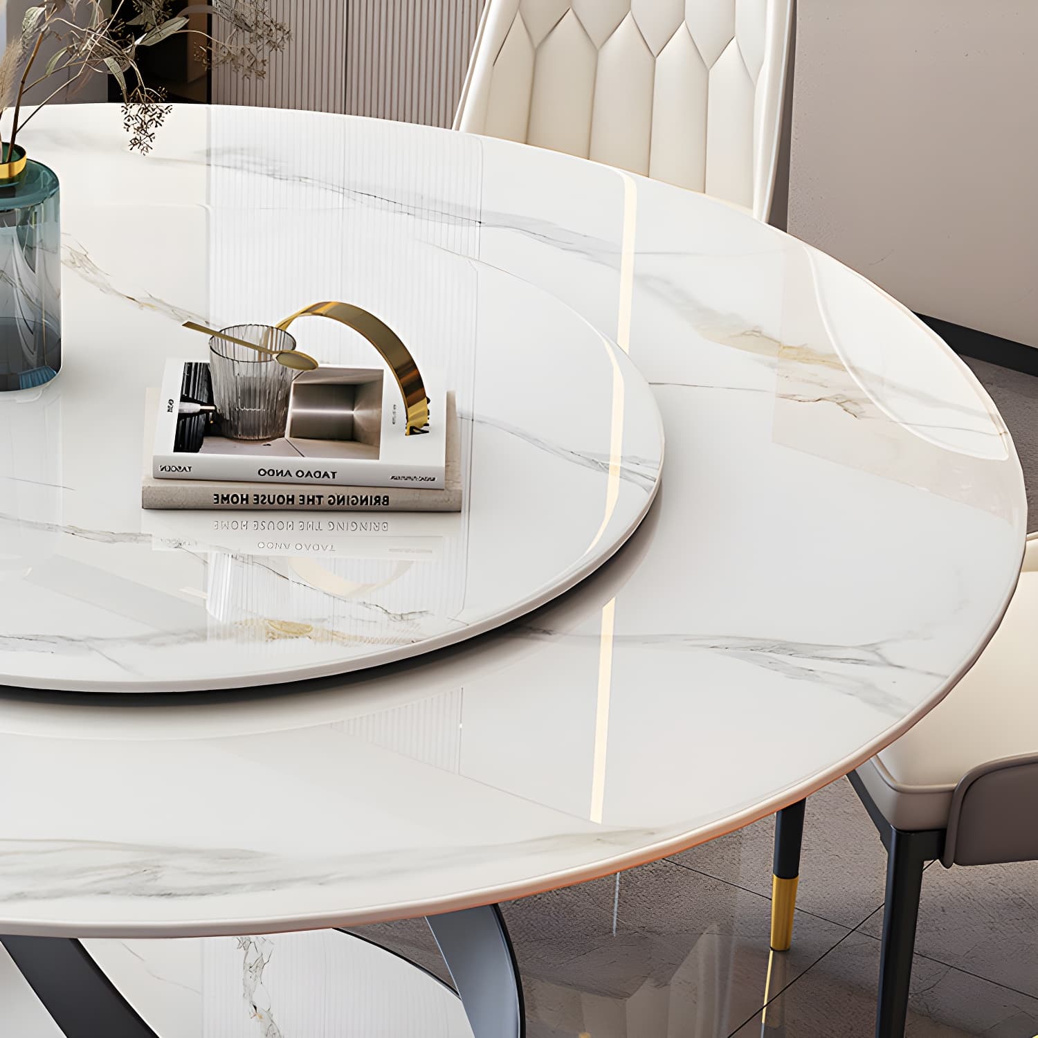 Modern Round Stone Top Lazy Susan Dining Table with Black Steel Pedestal - image 9