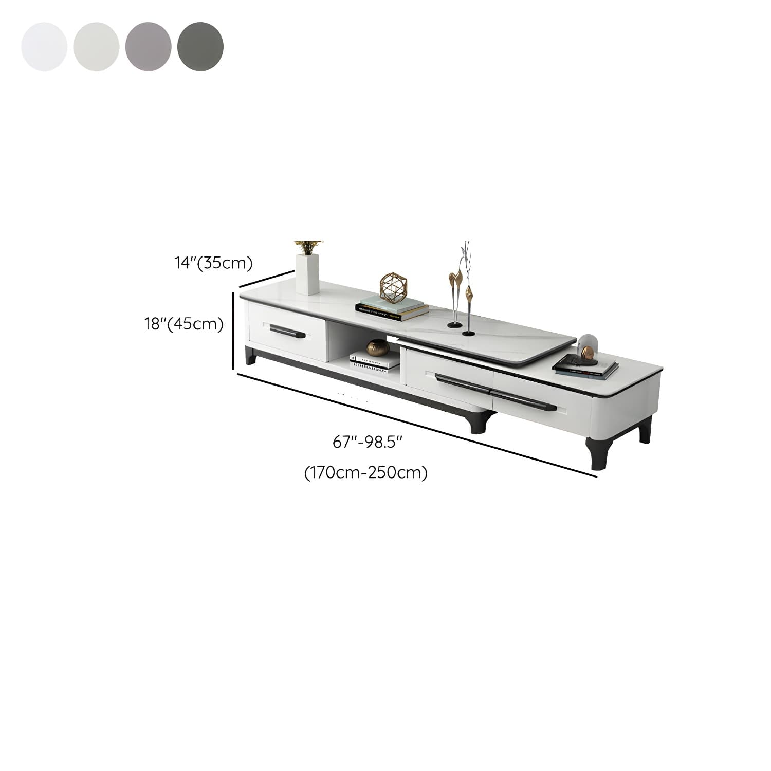 Modern Stone TV Stand with Long Length, Open Storage and Drawers featuring Wood Shelves - image 12