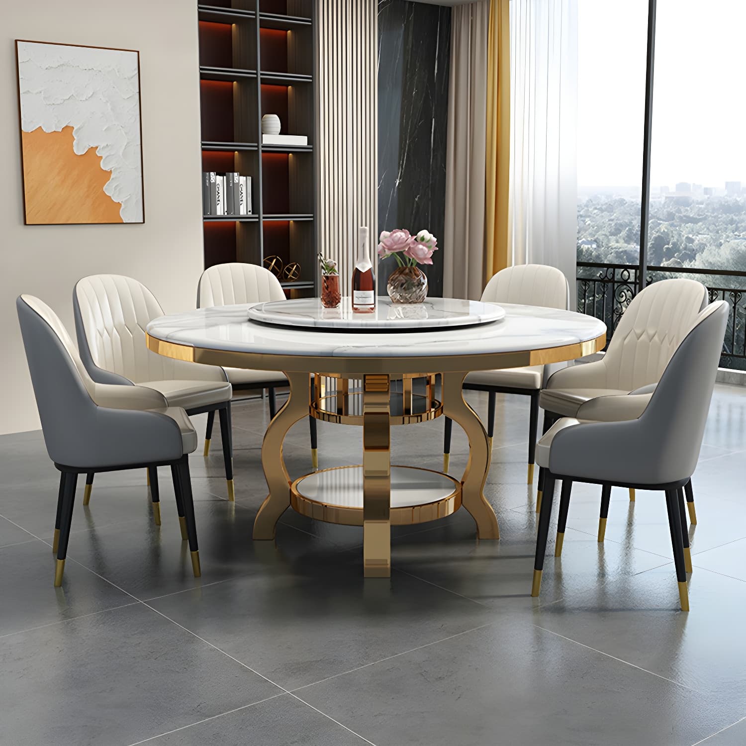 Kitchen 1/7/9/11 Pcs Dining Set with Round Dinette Table and Leather Chairs