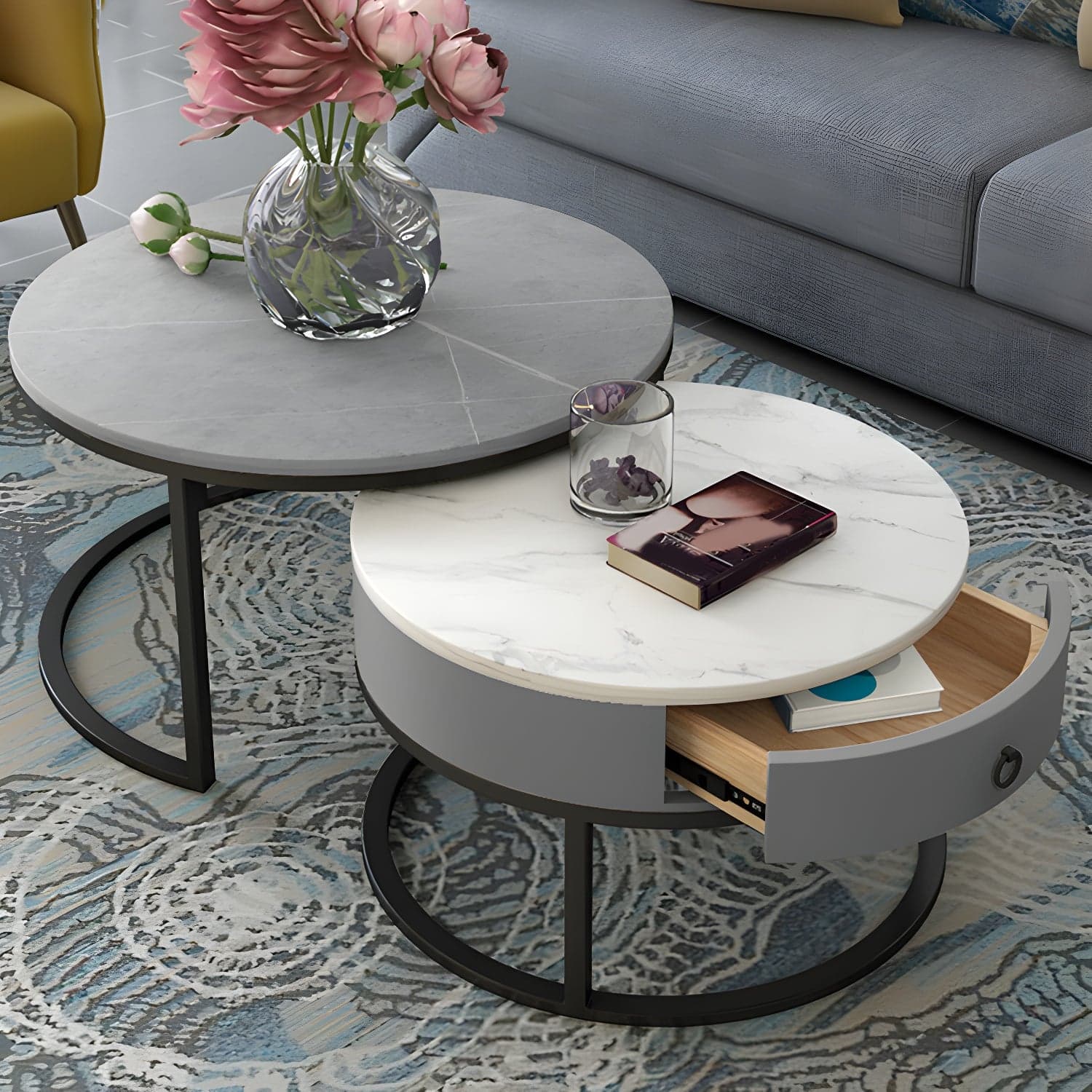 Slate Round Frame Coffee Table Modern Nesting Coffee Table Set with Drawer - image 3