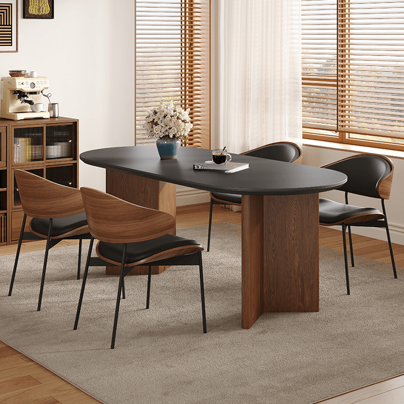 Dining Table Set with Oval Slate Stone Top and Two-sided Pedestal, Featuring Padded Chair with Back in Midnight Black - image 3