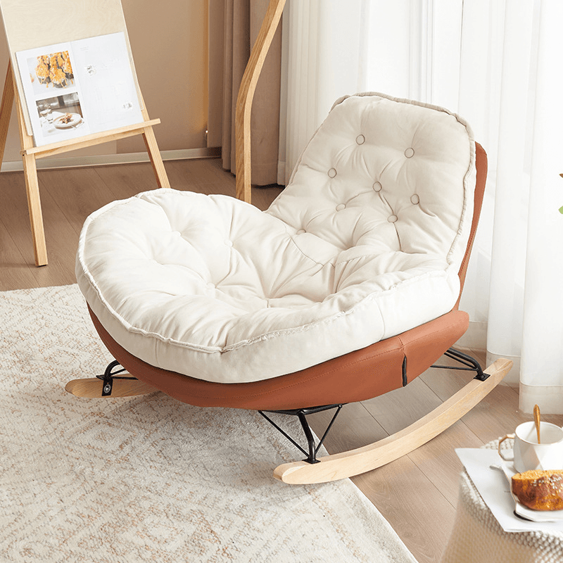 Modish Rocking Couch Chair with Spindle Back, Flannel Upholstery, Padded Design, Rear Support, and Stationary Base