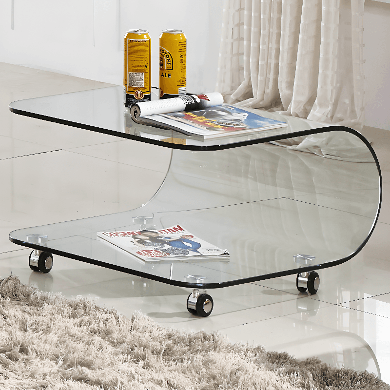 Transparent Wheel coffee table with Roller Wheels, Locker, 1 Shelf/2-Tier and Square/Square for Indoor Use