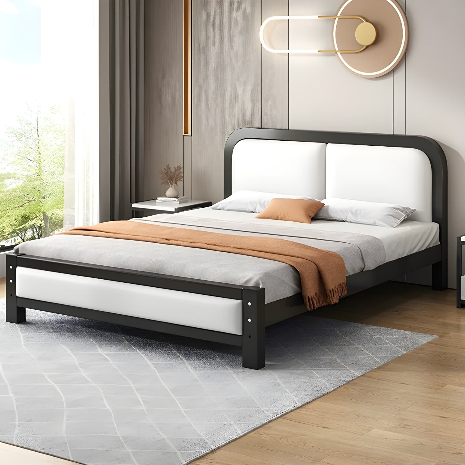 Modern Metal Panel Bed in White/Midnight Black with Easy Assembly - image 4