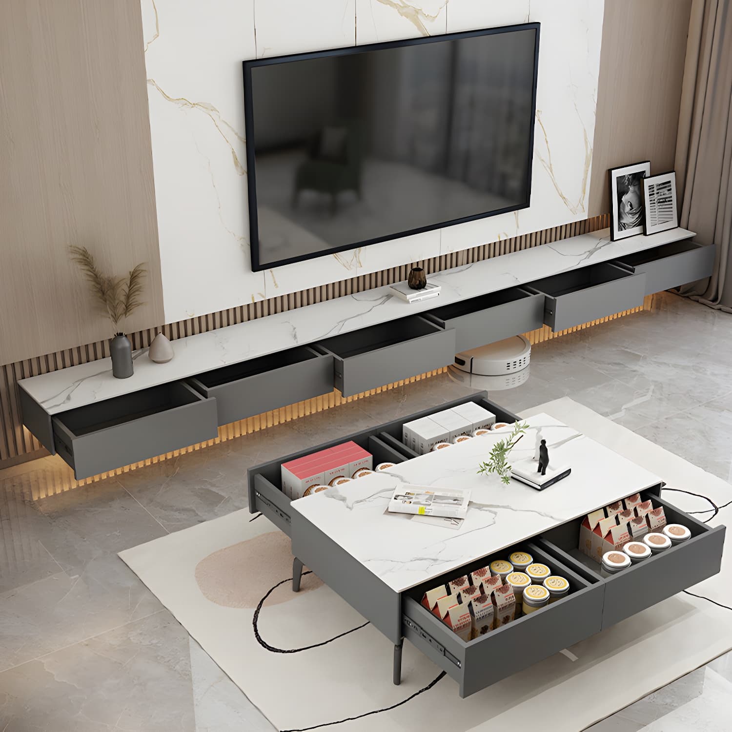 Modern Wall-mounted TV Stand Stone Enclosed Storage TV Cabinet with Drawers - image 3