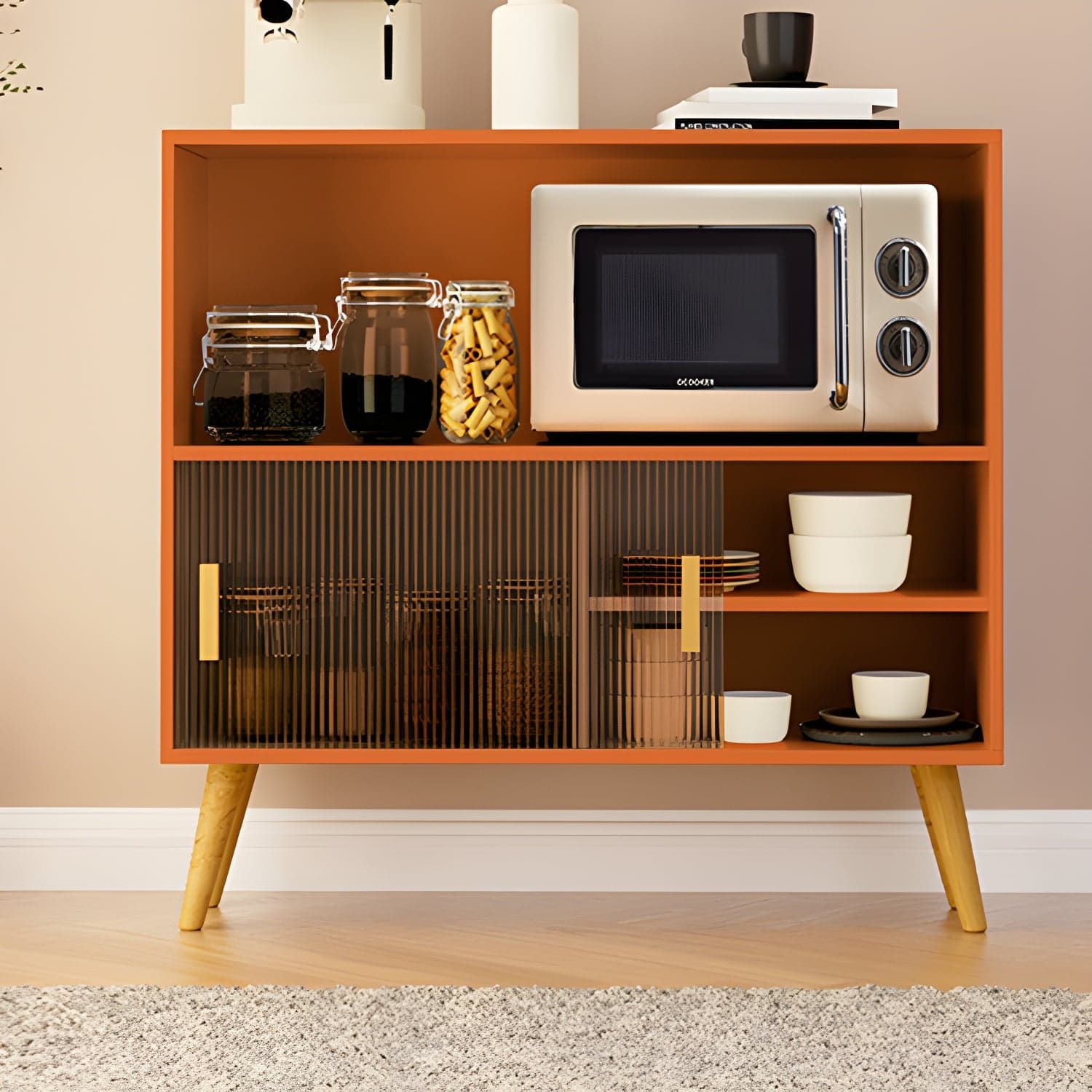 Scandinavian Wood Buffet Table with Acrylic Sliding Doors and Cabinet - image 4