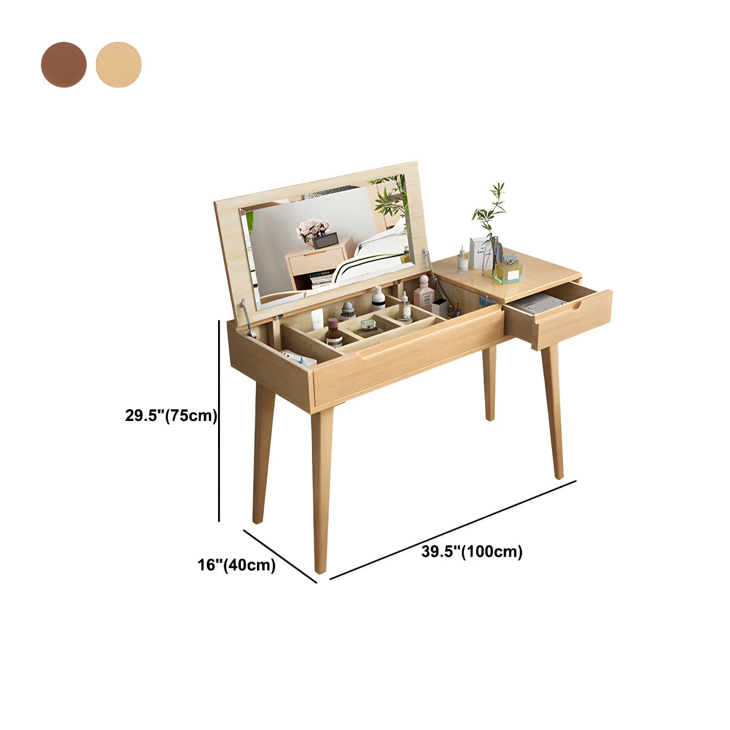Scandinavian Solid Wood Vanity Makeup Table Set 1 Drawer Flip-Top Dressing Table - image 17