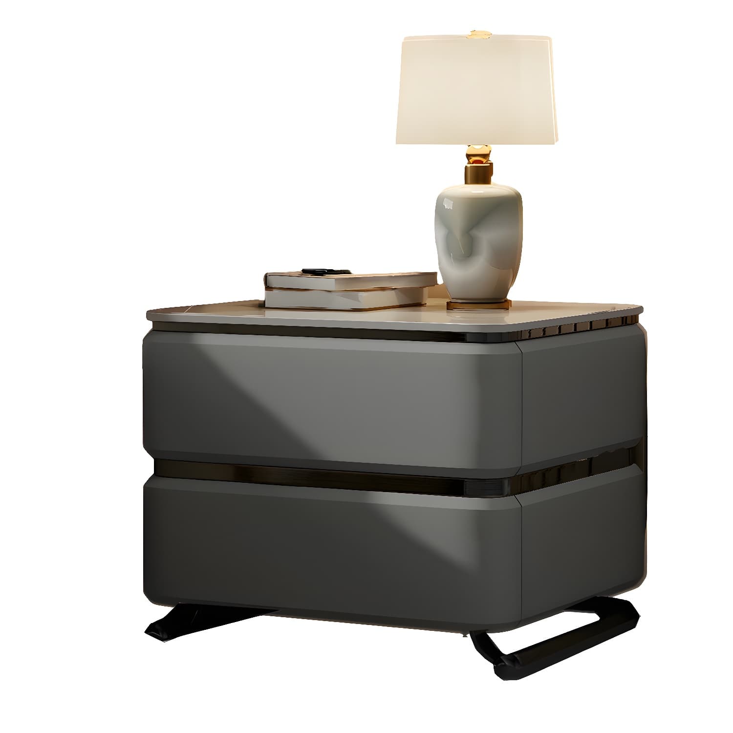Small Modern Faux Leather Nightstand with Drawer Storage in Stone Finish - image 20