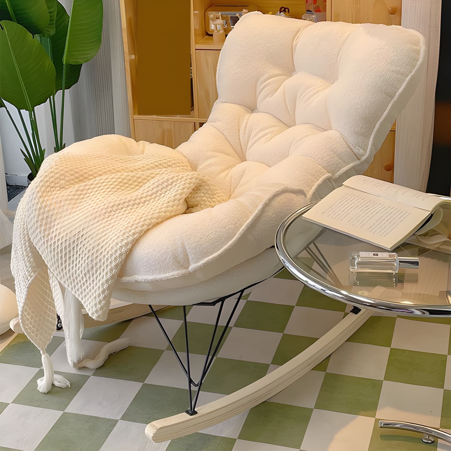 Modern Upholstered Rocking Chair with Tufted Seat - Natural Wood Legs and Armless Design - image 10