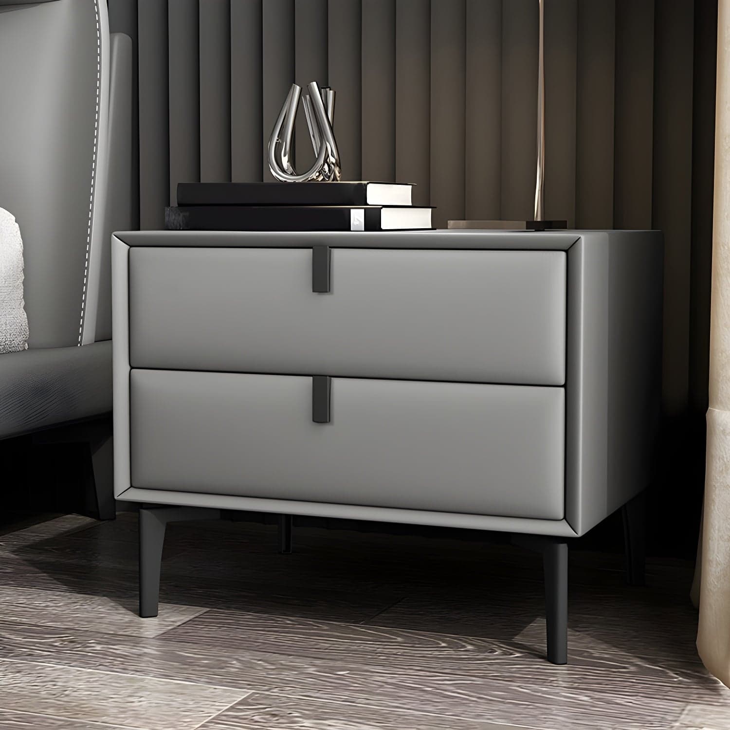 Pine Frame Two Drawers Leather Multicolor Choice of Black Table Foot Nightstand - image 8