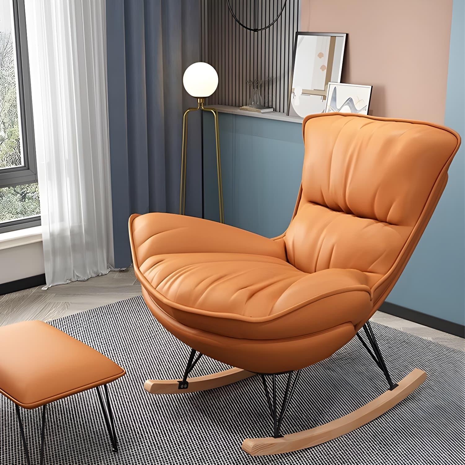 Stylish Modern Indoor Rocking Chair with Ottoman - Upholstered Seat and Natural Wood Legs - image 12
