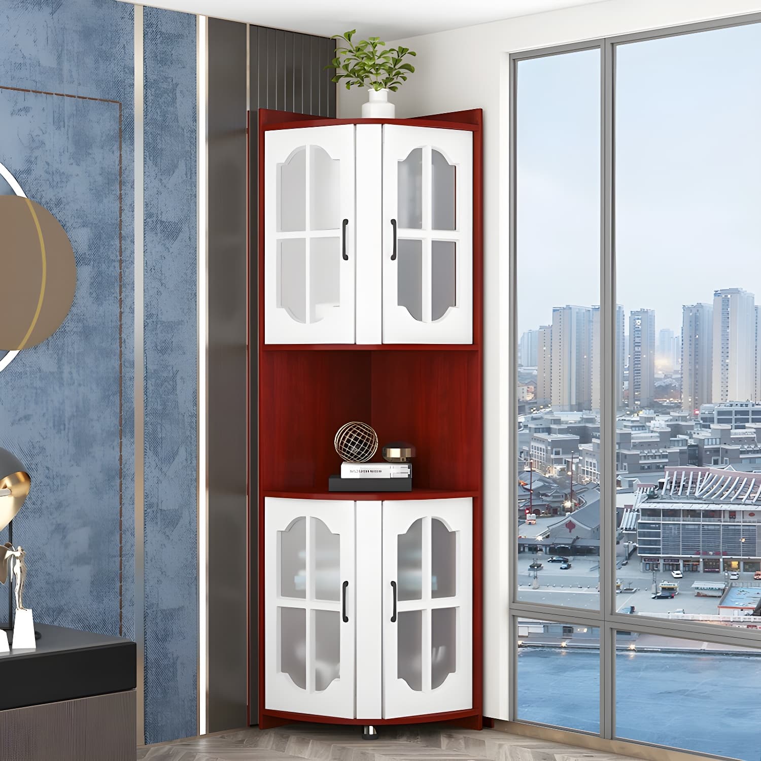 Corner Modern Glass Door Accent Cabinet with Wood Base and 2 Exterior Shelves - image 3