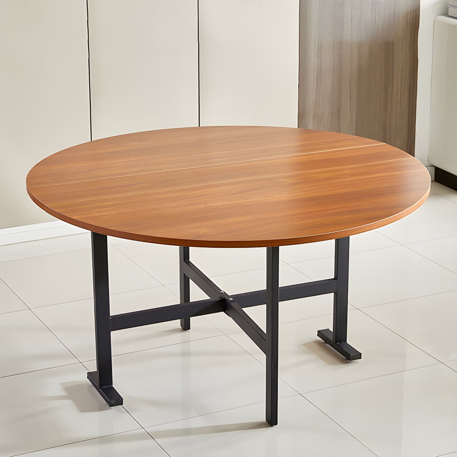 Metal Mid-Century Modern Round Table Wood Top Dining Table with Drop Leaf
