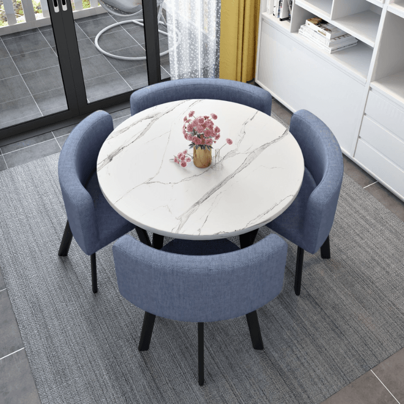 Minimalist Dining Table Set with Rounded Recycled Wood Top, Padded Chair, Back Seat, White Color - image 5