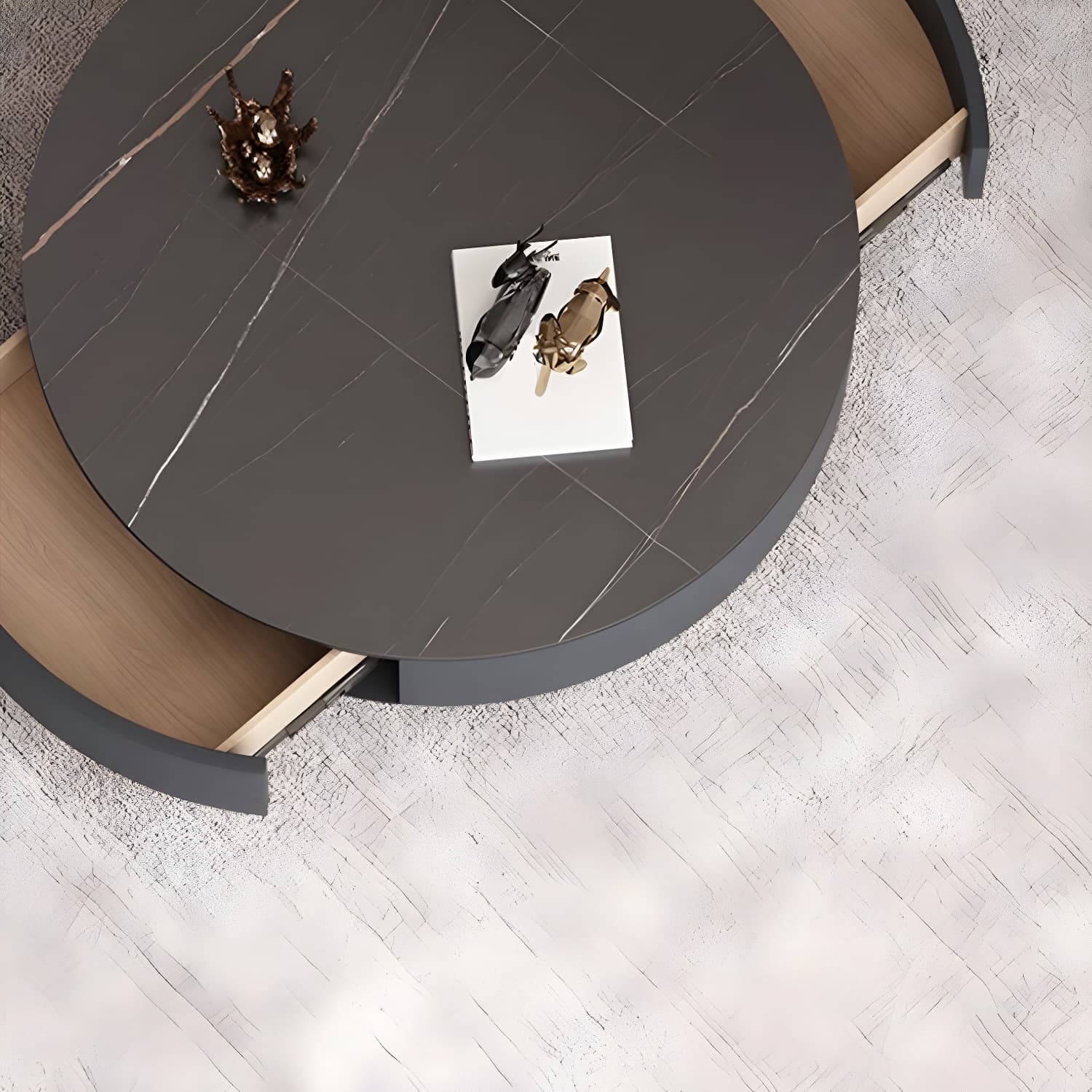 Elegant Gold Metal Drum Coffee Table with Stone Top and Storage Drawers - image 13