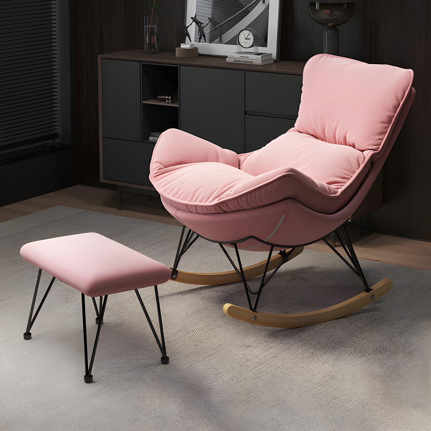 Wing Back Rocking Chair Solid Wood Rocker Chair with Ottoman - image 17