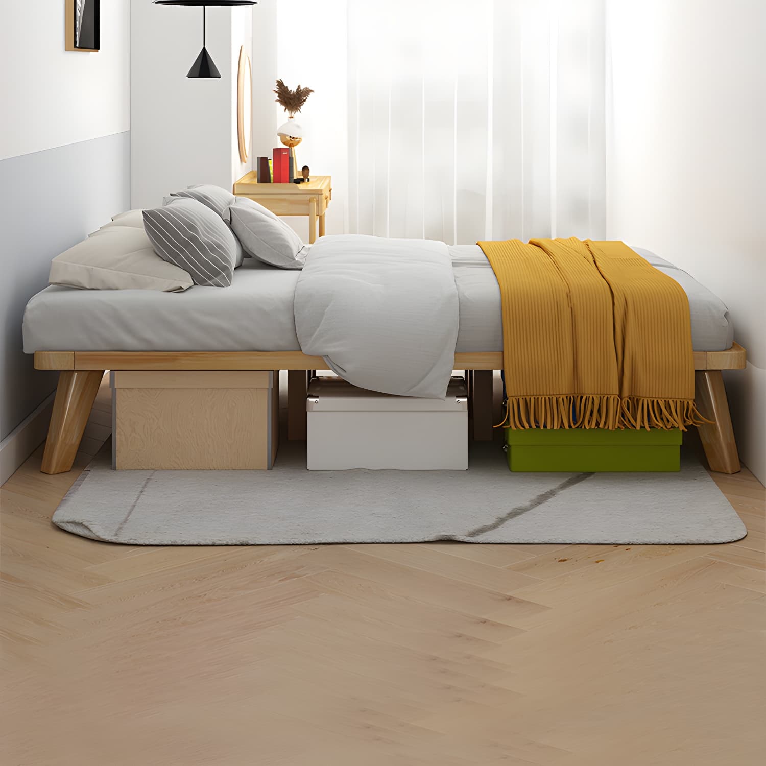 Natural Upholstered Wooden Bed Frame Nordic 13.39" H Platform Bed - image 4
