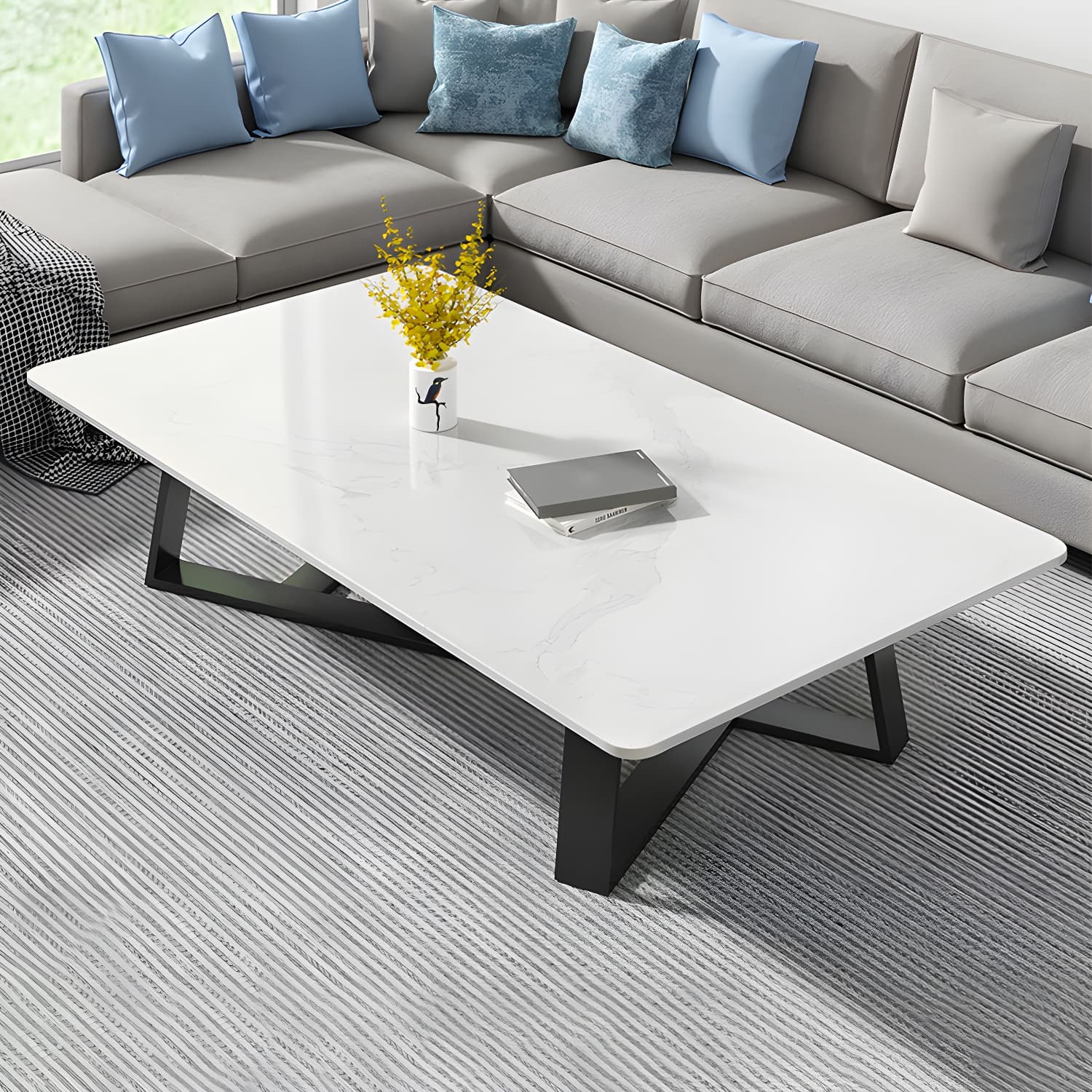 Modern Rectangle Coffee or End Table Stone and Steel Coffee Table with Cross Legs - image 18