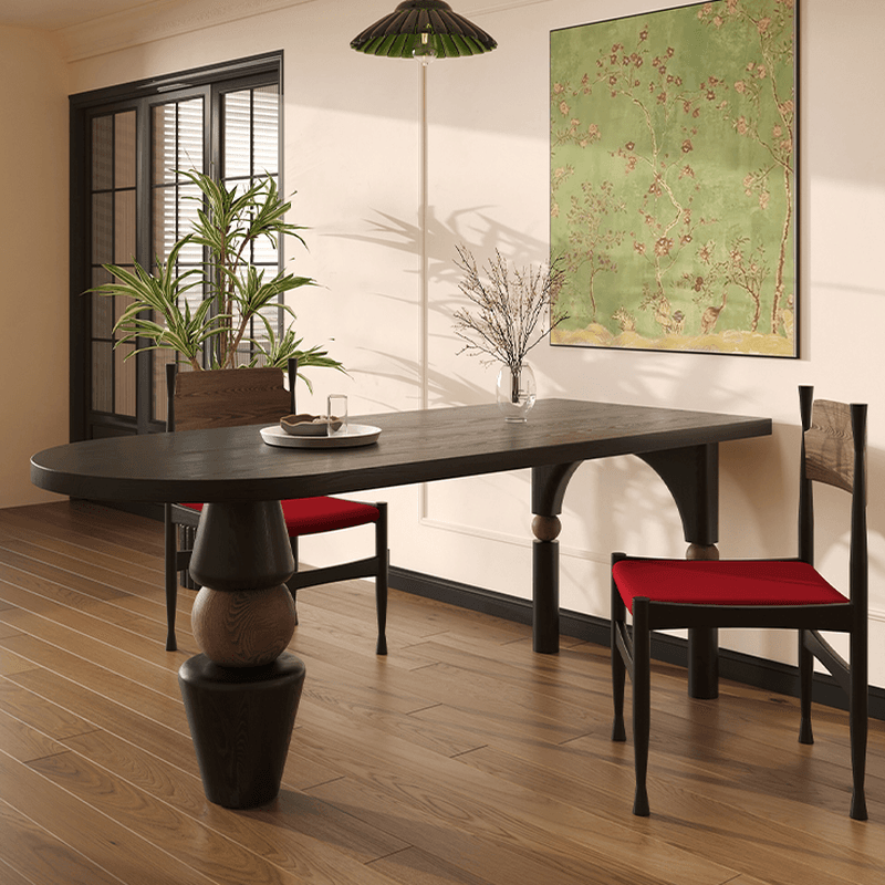 Curved Line Wood Slab Dining Table Set with Three Legs